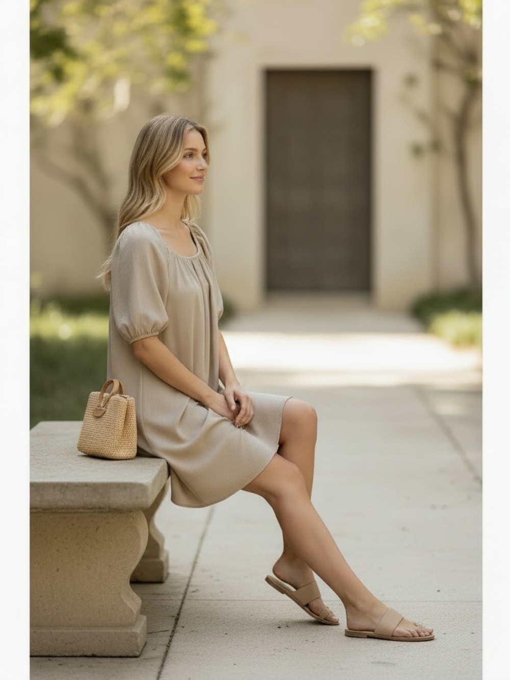 Adam Lippes Shift Dress size 8 Puff Sleeve Office Neutral Capsule Minimalist